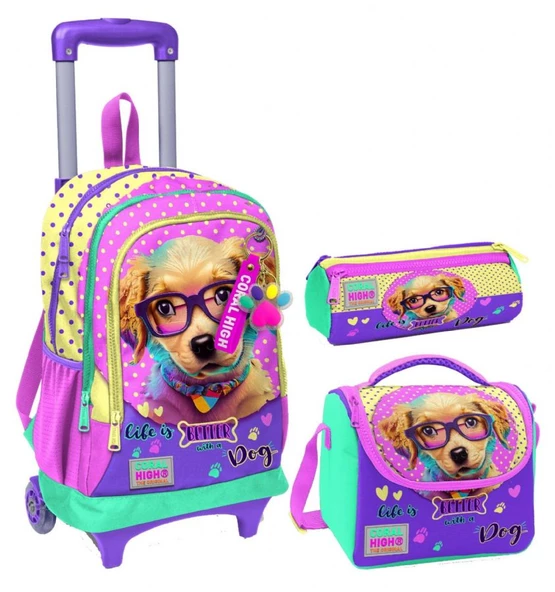 Coral High Sarı Pembe Sevimli Köpek Üçlü Çekçek Işıklı Tekerlekli Çanta Seti - Kız Çocuk