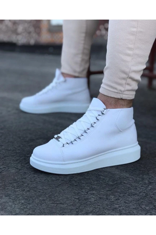 K&A  KA032 Beyaz Bağcıklı Sneakers  Yarım Bilek Bot