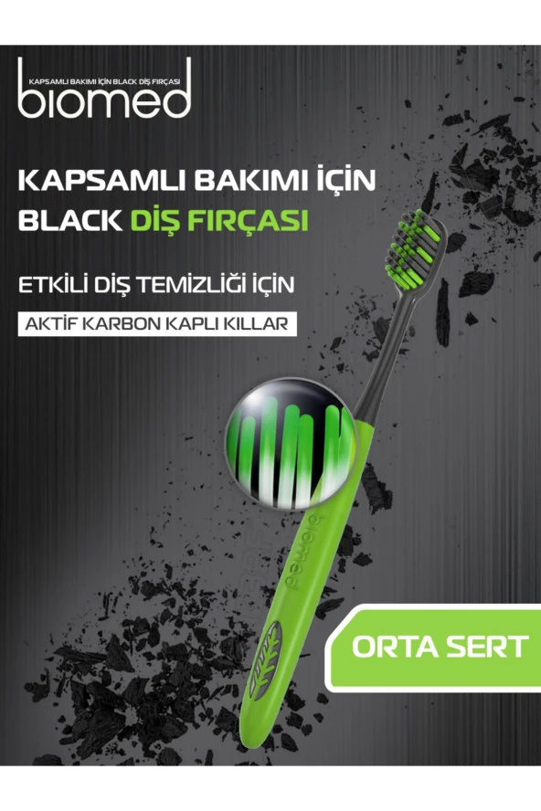 Biomed Yuvarlatılmış Özel Aktif Karbon Ile Kaplı Kıllar Black Diş Fırçası Orta