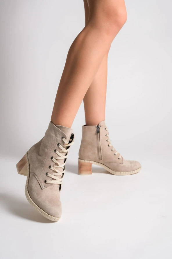 DIANA Bağcıklı Fermuarlı Ortopedik Taban Suya ve Soğuğa Dayanıklı Topuklu Süet Kadın Bot TT Ten - 6