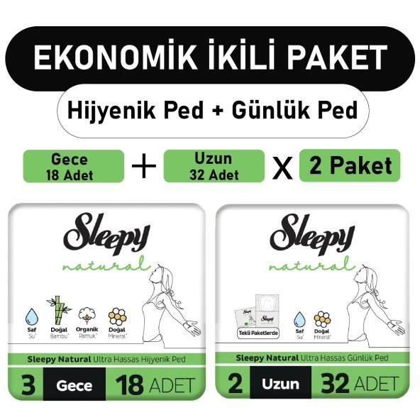Sleepy Natural Ultra Ped Gece 18 Adet + Uzun Günlük Ped 32 Adet x2 Paket