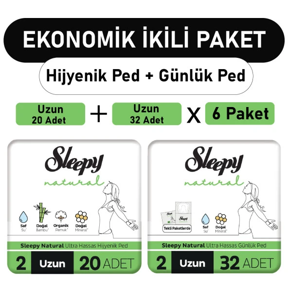 Sleepy Natural Ultra Ped Uzun 20 Adet + Uzun Günlük Ped 32 Adet x6 Paket ürün görseli 1