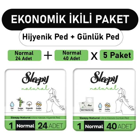 Sleepy Natural Ultra Ped Normal 24 Adet + Uzun Günlük Ped 40 Adet x5 Paket