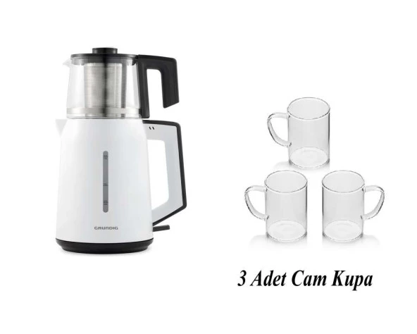 Grundig Beyaz Çaycı ve 3 Adet Cam Kupa