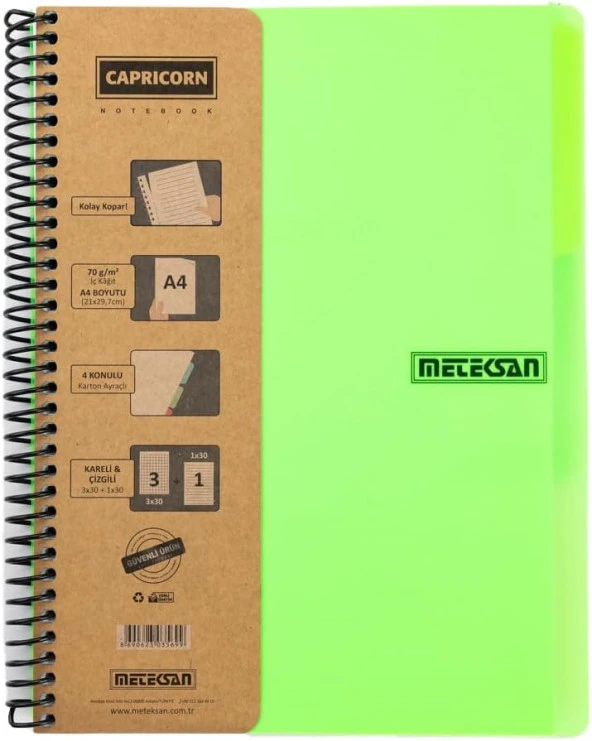 Capricorn Neon Serisi, A4, 6 Konulu (3 Kareli, 3 Çizgili) 180 Yaprak PP Kapaklı Spiralli Defter, Yeşil