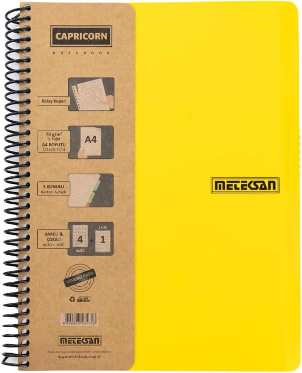 Capricorn Ofis Serisi, A4, 4 Konulu (3 Kareli, 1 Çizgili) 120 Yaprak PP Kapaklı Spiralli Defter, Sarı