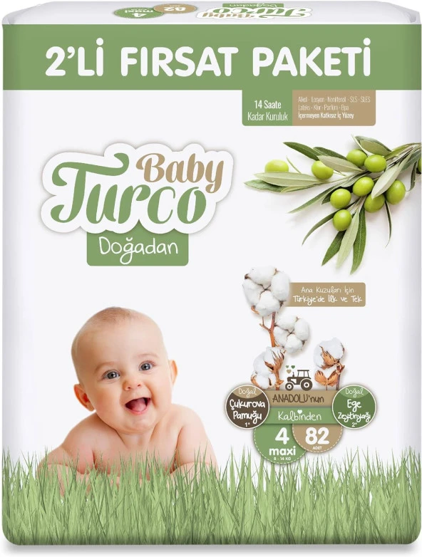 Turco Doğadan 2'li Fırsat Paketi Bebek Bezi 4 Numara Maxi 82 Adet