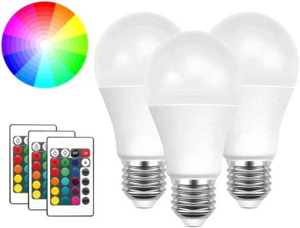 Watt RGB Led Ampül Kumandalı + 6500K Beyaz Işık (RGB, Adet, 3)