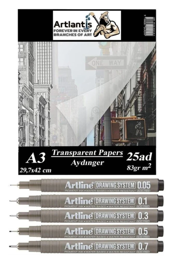 Aydınger Kağıdı A3 83 gr 25'li 1 Paket Eskiz Kağıdı Artline Teknik Çizim Kalemi Drawing System 5 Adet