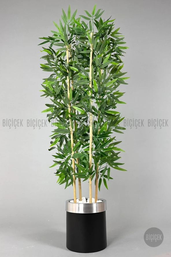 Yapay bambu ağacı 140cm siyah gümüş metal saksıda