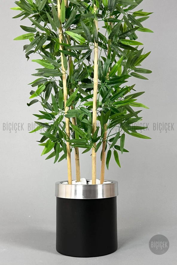 BİÇİÇEK   Yapay bambu ağacı 140cm siyah gümüş metal saksıda - Resim 2