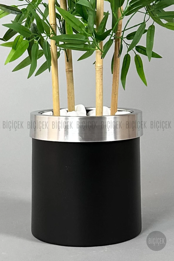 BİÇİÇEK   Yapay bambu ağacı 140cm siyah gümüş metal saksıda - Resim 3