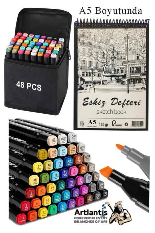 Eskiz Defteri A5 50 Yaprak 100 gr 1 Adet 48 Renk Çift Taraflı Marker Kalem 48 Adet Touch Çift Uçlu