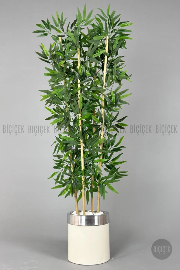 BİÇİÇEK   Yapay bambu ağacı 140cm krem gümüş metal saksıda - 1