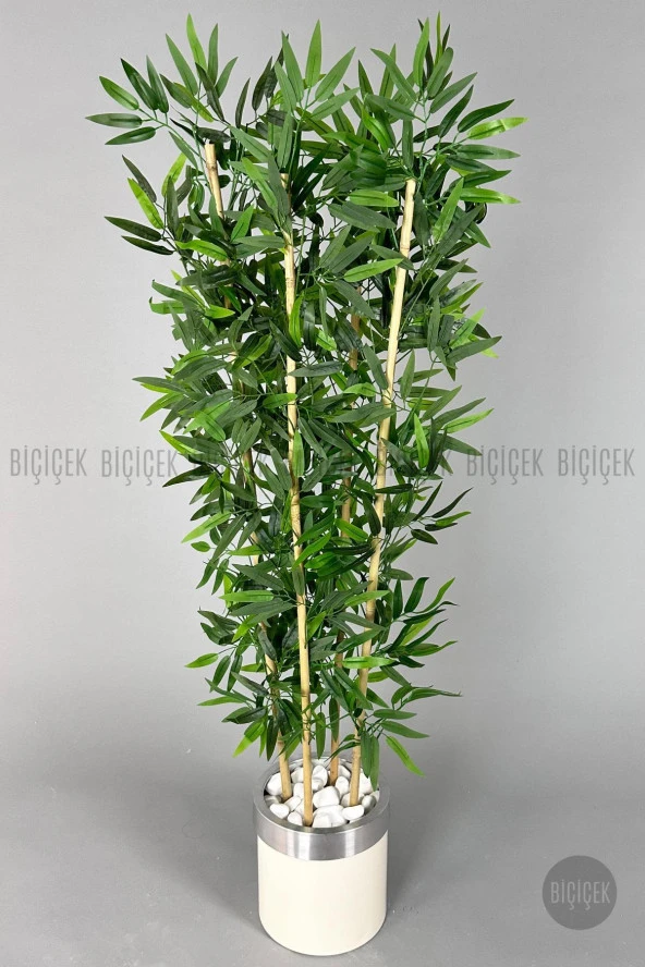 BİÇİÇEK   Yapay bambu ağacı 140cm krem gümüş metal saksıda - 2