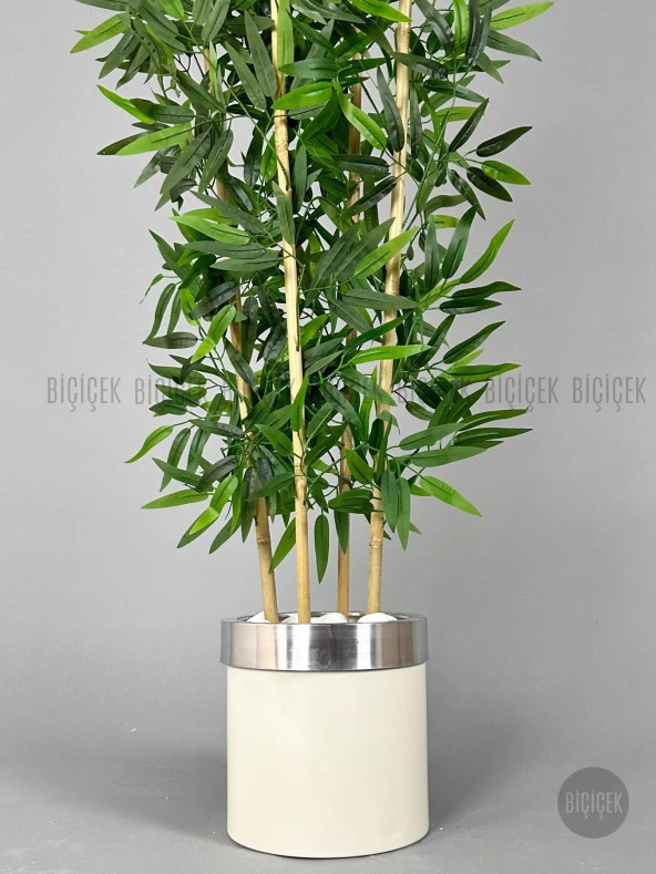 BİÇİÇEK   Yapay bambu ağacı 140cm krem gümüş metal saksıda - 3