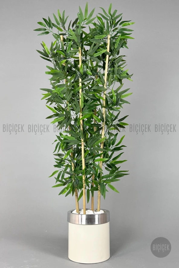 BİÇİÇEK   Yapay bambu ağacı 140cm krem gümüş metal saksıda - 4