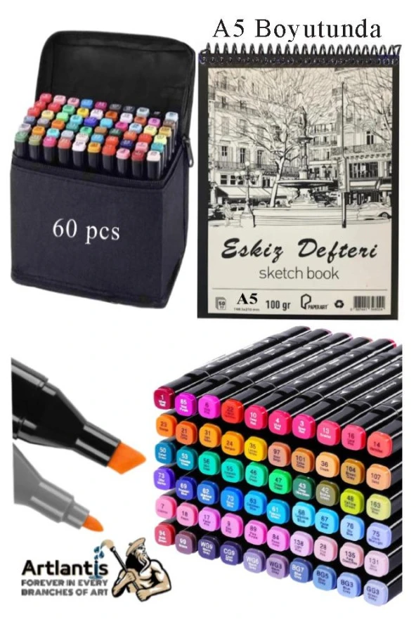 Eskiz Defteri A5 50 Yaprak 100 gr 1 Adet 60 Renk Çift Taraflı Marker Kalem 60 Adet Touch Çift Uçlu