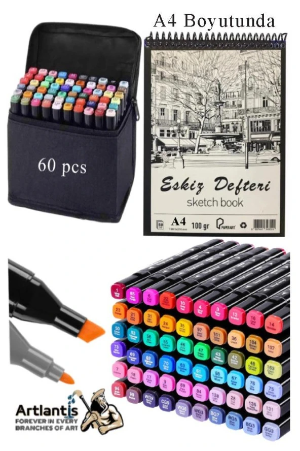 Eskiz Defteri A4 50 Yaprak 100 gr 1 Adet 60 Renk Çift Taraflı Marker Kalem 60 Adet Touch Çift Uçlu