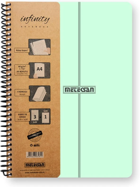 Infinity Pastel Serisi, A4, 4 Konulu (3 Kareli, 1 Çizgili) 120 Yaprak PP Kapaklı Spiralli Defter, Yeşil