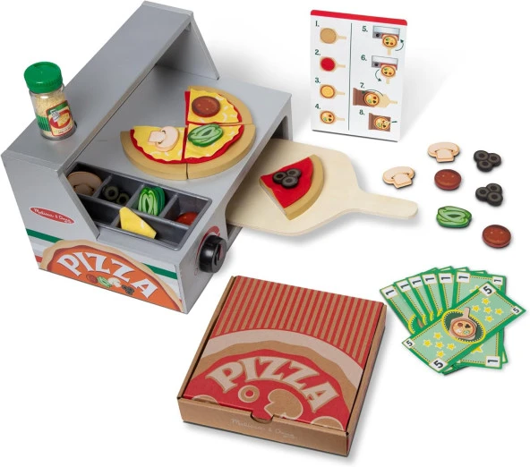 & Doug Ahşap Tezgah ve Pizza Tezgahı Oyun Seti, ahşap oyuncaklar, oyuncak yiyecek, sembolik oyun, 3+ yaş erkek veya kız çocuklar için hediye