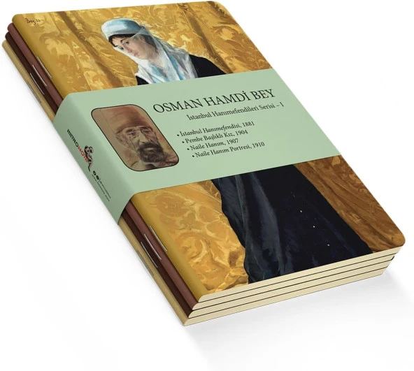 İstanbul Hanımefendileri Serisi I - A5, Osman Hamdi Bey 4'lü Defter Seti I, Çizgisiz, Toplam 256 Sayfa, Her biri 64 Sayfa, Tel Dikiş, Esnek Kapak, Tuval Doku, 60 gram, Sarı Krem Renk