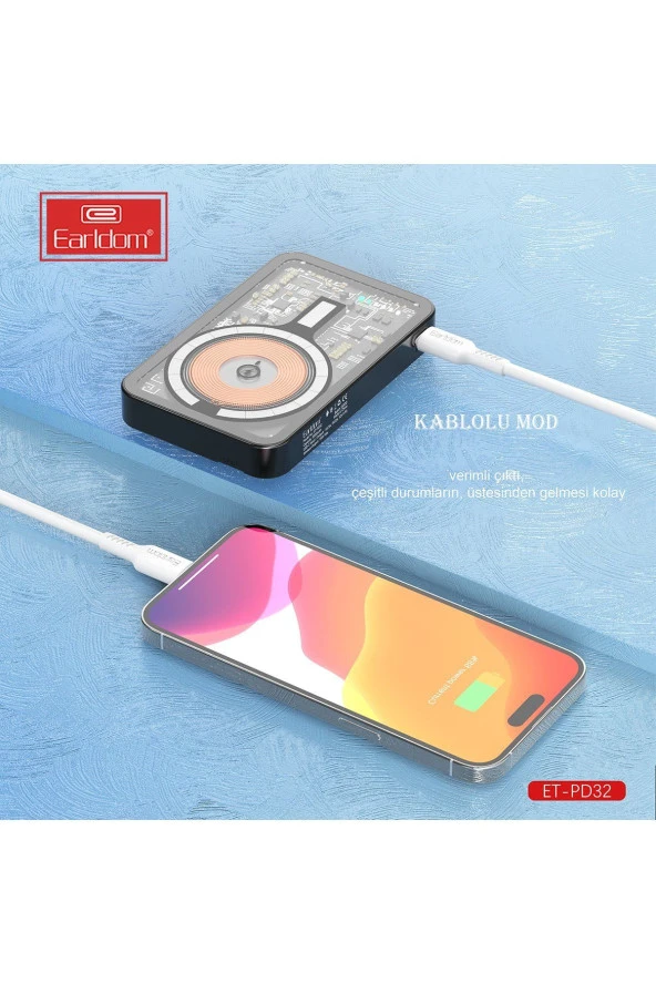 Earldom PD32 5.000 mAh 22.5W Kablosuz Şarjlı Standlı PD Hızlı Şarj Powerbank - 4