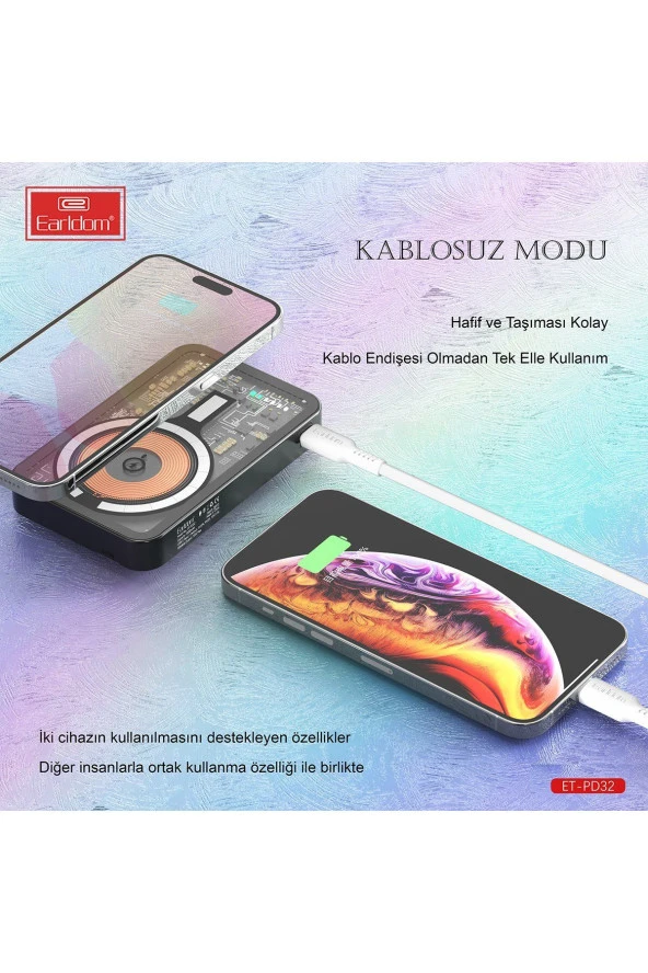 Earldom PD32 5.000 mAh 22.5W Kablosuz Şarjlı Standlı PD Hızlı Şarj Powerbank - 5
