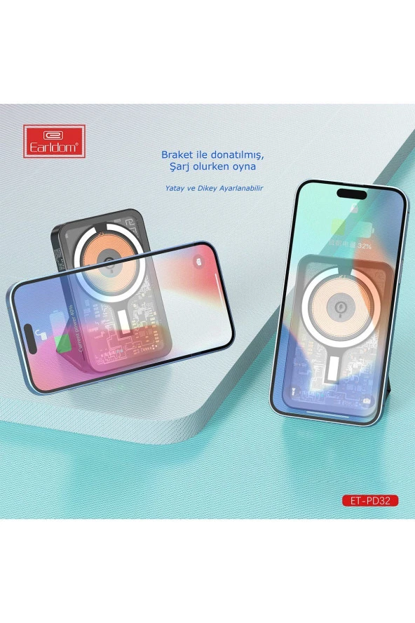 Earldom PD32 5.000 mAh 22.5W Kablosuz Şarjlı Standlı PD Hızlı Şarj Powerbank - 7