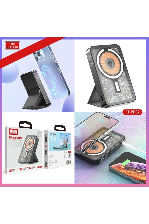 Earldom PD32 5.000 mAh 22.5W Kablosuz Şarjlı Standlı PD Hızlı Şarj Powerbank - 8