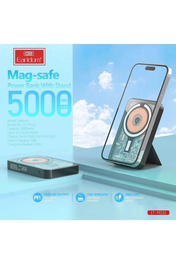 Earldom PD32 5.000 mAh 22.5W Kablosuz Şarjlı Standlı PD Hızlı Şarj Powerbank - 10