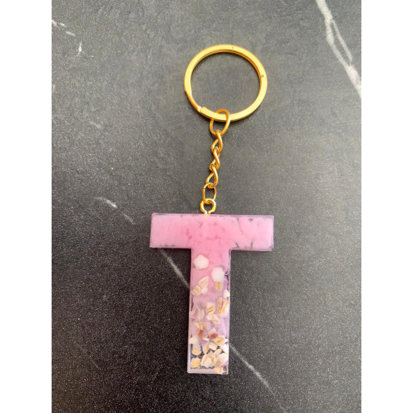 T Harfi Pembe Renk Epoksi ve Deniz Kabuğu Kırığı Süslemeli Gold Halka Anahtarlık El Yapımı Hediyelik - Resim 7
