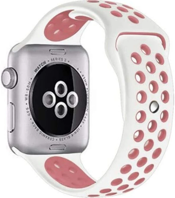 Apple Watch 4 3 2 1 Delikli Spor Kayış 42 mm beyaz-Pembe Hole