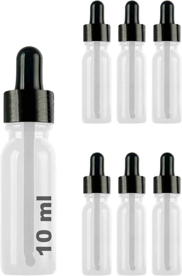 10 ml Metal Kapaklı Damlalık Dropper Şişesi Serum 10 cc Cam Şişe 6 Adet (Siyah Kapak, Şeffaf)