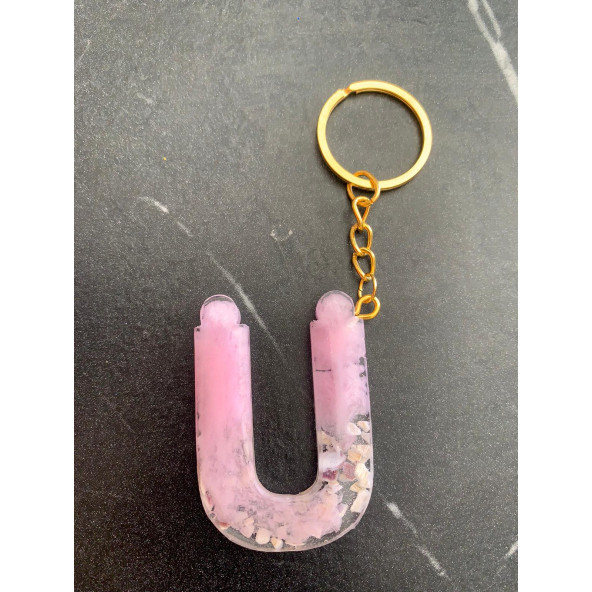Ü Harfi Pembe Renk Epoksi ve Deniz Kabuğu Kırığı Süslemeli Gold Halka Anahtarlık El Yapımı Hediyelik - 2