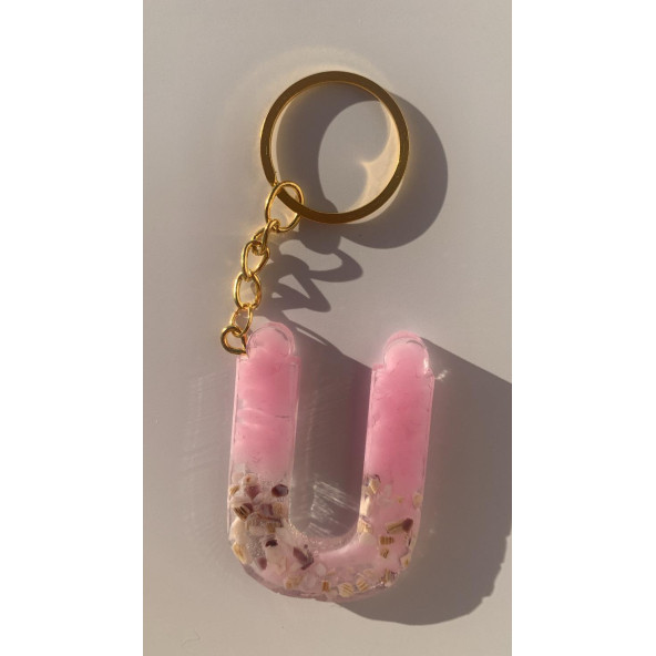 Ü Harfi Pembe Renk Epoksi ve Deniz Kabuğu Kırığı Süslemeli Gold Halka Anahtarlık El Yapımı Hediyelik - 5