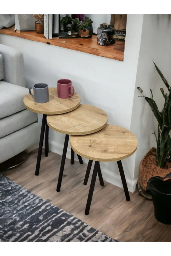 Yüksek Kalite 3 Adet Zigon Sehpa Çay Sehpası Servis Sehpası Boyalı Ahşap Ayaklı