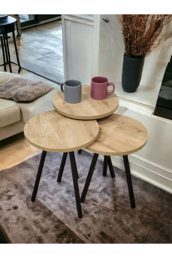 Yüksek Kalite 3 Adet Zigon Sehpa Çay Sehpası Servis Sehpası Boyalı Ahşap Ayaklı - 2