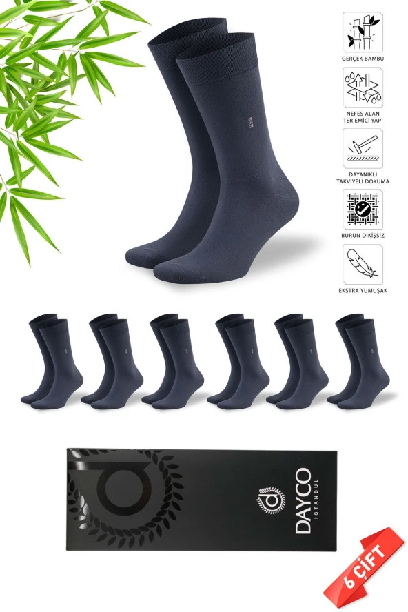 Premium Dikişsiz Klasik Uzun Füme Yazlık Erkek Bambu Soket Çorap 6lı Hediyelik Kutulu Set