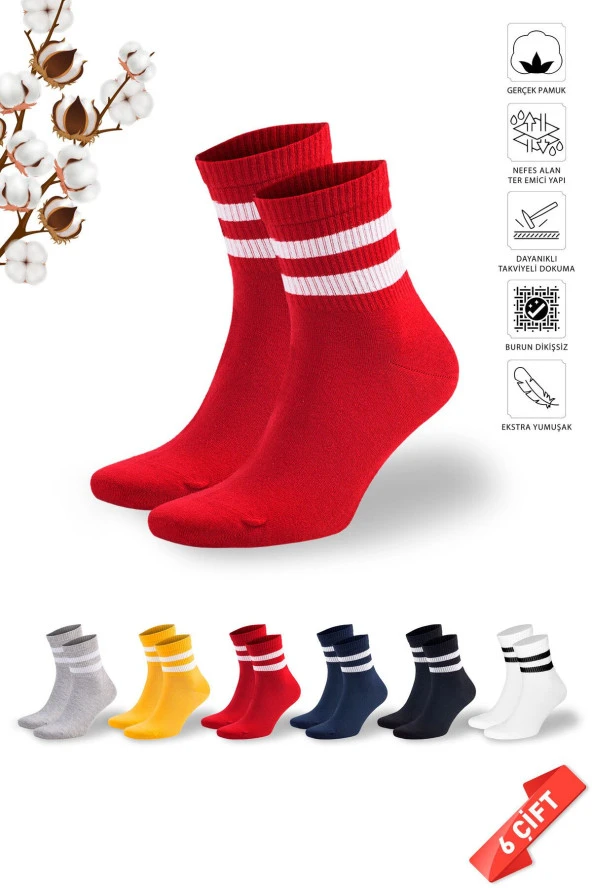 Renkli Tenis Çizgili Kadın Kolej Çorabı 6 Çift - 652-36-40
