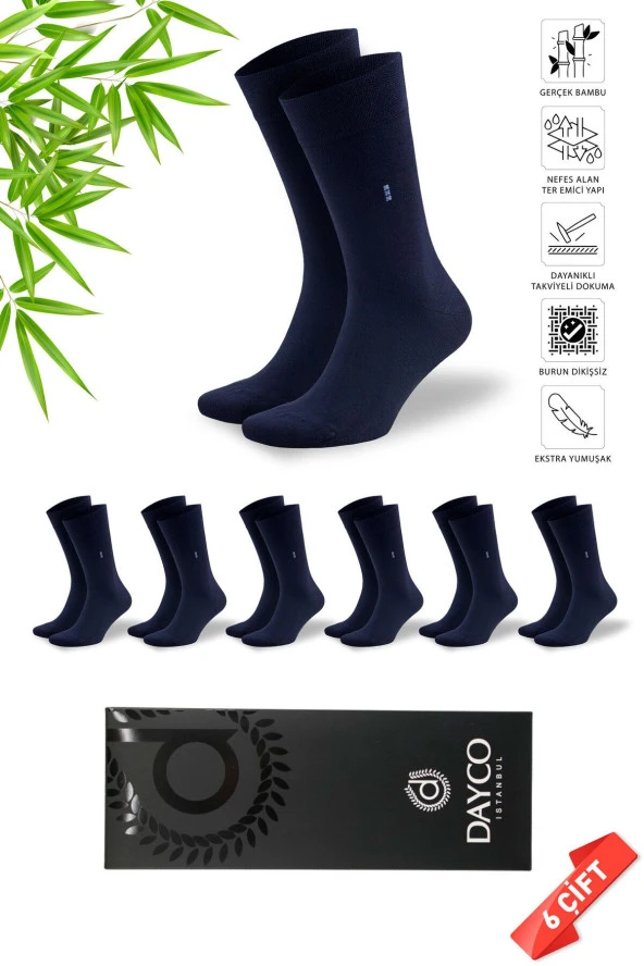 Premium Dikişsiz Klasik Uzun Lacivert Yazlık Erkek Bambu Soket Çorap 6lı Hediyelik Kutulu Set