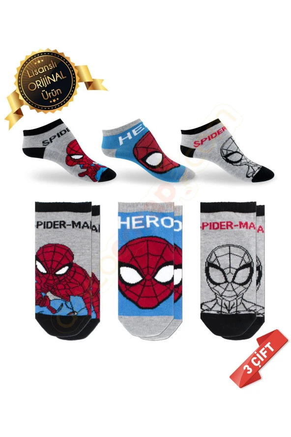 Spiderman Desenli Patik Çorap 3lü Asorti-DL15610687-SPDR-35-38