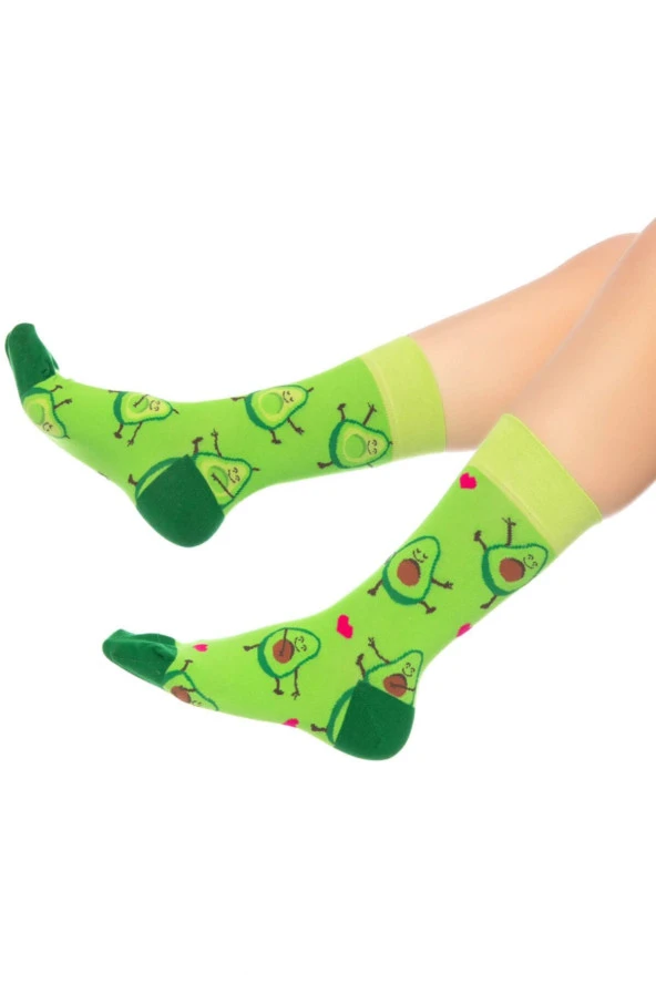 Unisex Avokado Aşkı Desenli Renkli Burnu Dikişsiz Çorap - Resim 3