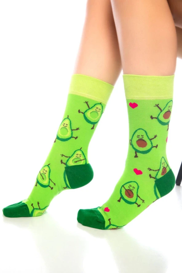 Unisex Avokado Aşkı Desenli Renkli Burnu Dikişsiz Çorap - Resim 4