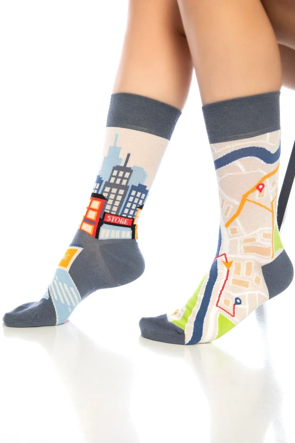 Unisex Mavi Yol Hikayesi Neşeli Çoraplar - Resim 5