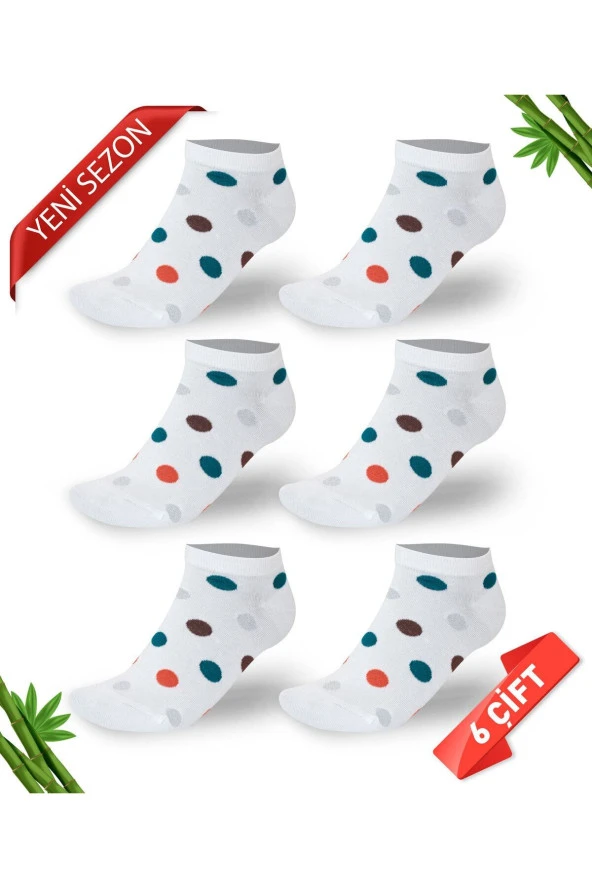Premium Sim Detaylı Puantiyeli Kadın Bambu Patik Çorap 6'lı Set - 10554