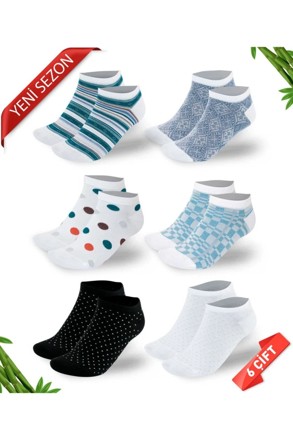 Premium Sim Detaylı Kadın Bambu Patik Çorap 6'lı Asorti Paket - 10560-ast