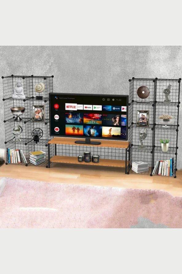 Bambu Ahşap ve Metal Detaylı TV Ünitesi & Sekizli Tel Küp Raf Sistemi - Modern Tasarım Model-1 - 2