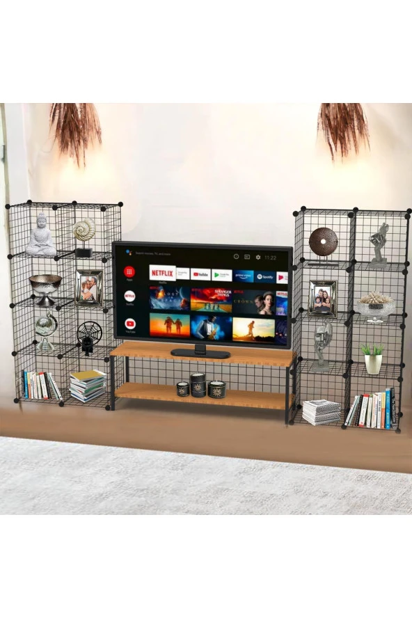 Bambu Ahşap ve Metal Detaylı TV Ünitesi & Sekizli Tel Küp Raf Sistemi - Modern Tasarım Model-1 - 3