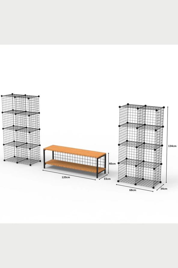 Bambu Ahşap ve Metal Detaylı TV Ünitesi & Sekizli Tel Küp Raf Sistemi - Modern Tasarım Model-1 - 5